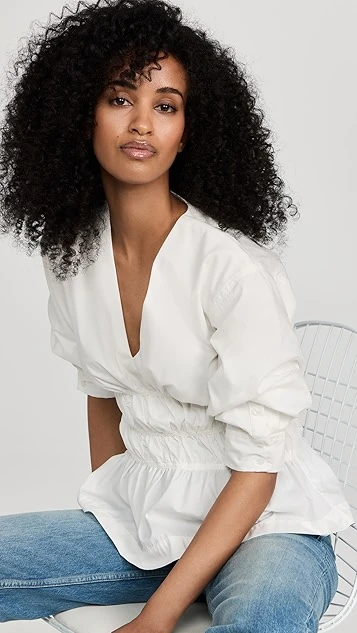 SIMKHAI Yuni Cotton Poplin Puff Sleeve Ruched Top - Image 7